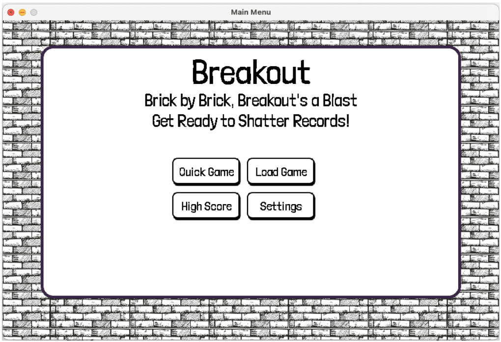 Breakout's brick-framed main menu with Quick Game, Load Game, High Score, and Settings buttons.
