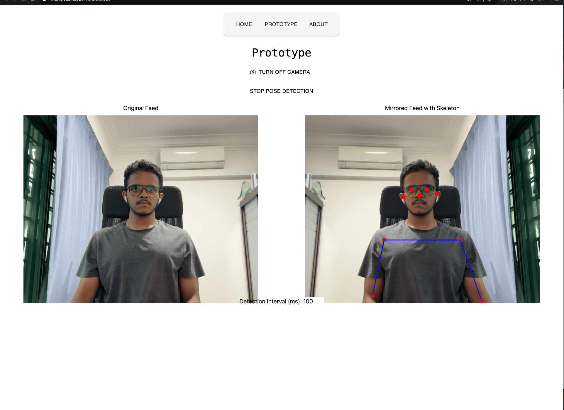 DetectT prototype showing original and mirrored camera feeds with a pose skeleton overlay.