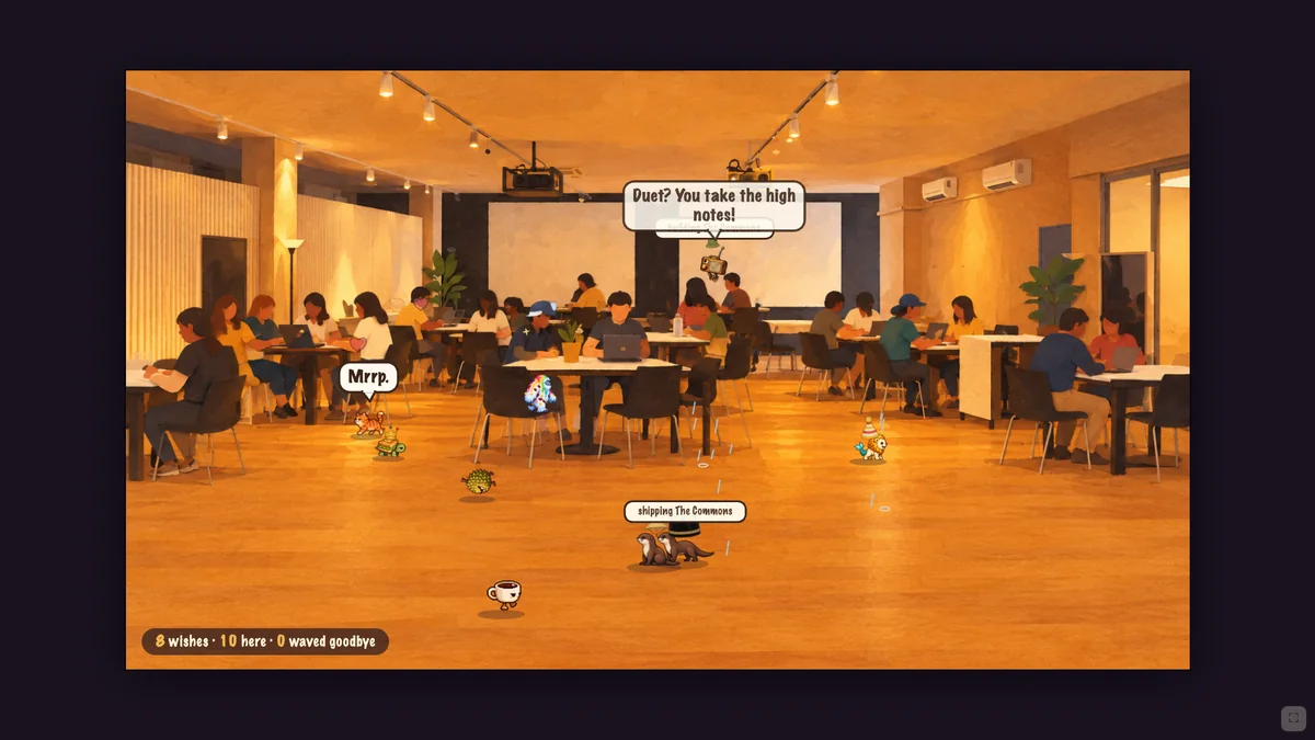 The Commons shared room, with a kopi cup, otters, and other creatures moving through an illustrated gathering space.