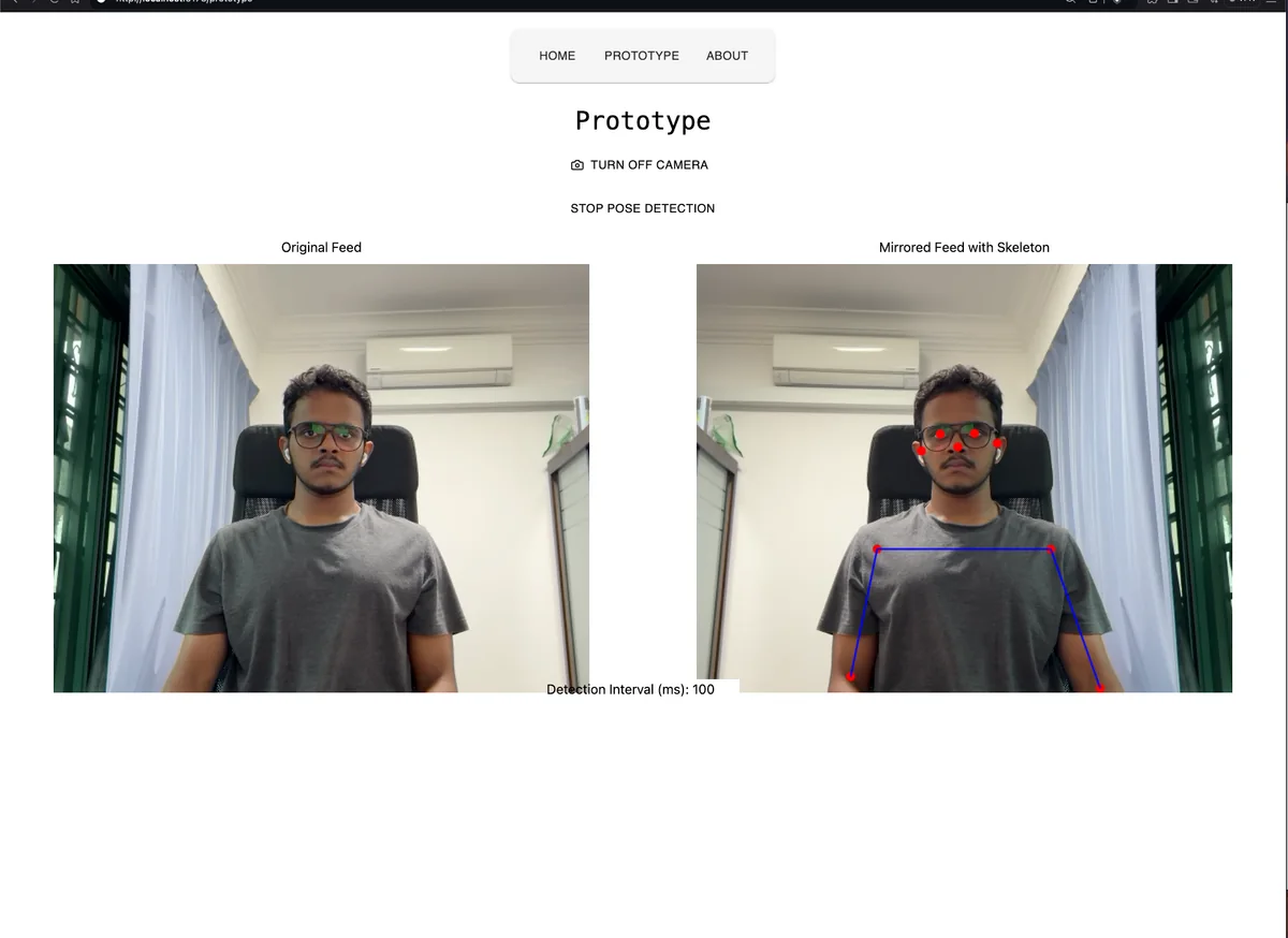 Detect-T's published camera demo comparing the original camera feed with a mirrored pose-keypoint overlay.