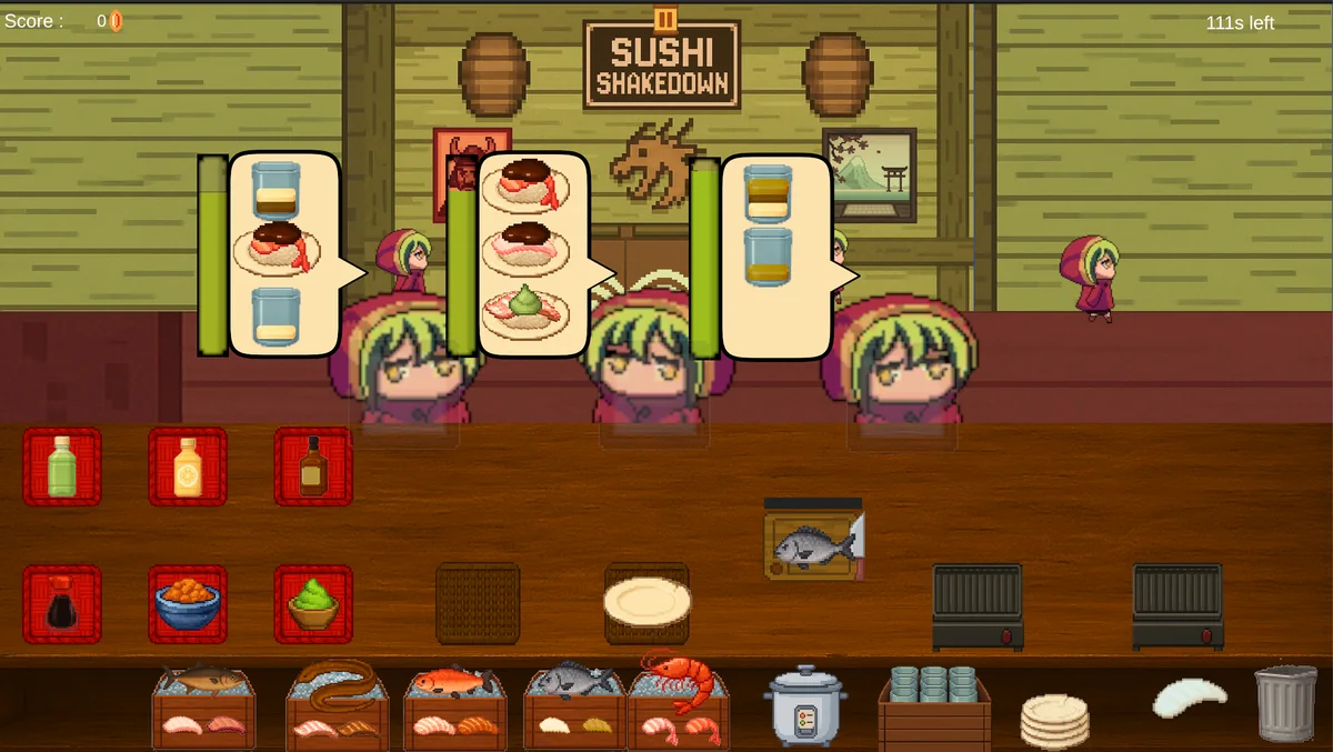 Sushi Shakedown gameplay with customer orders above a counter of fish, condiments, and preparation tools.